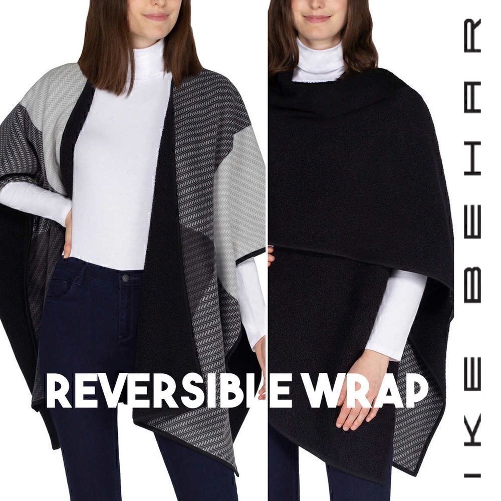 Ike Behar Ladies Reversible Poncho Style Wrap with High Pile Fleece